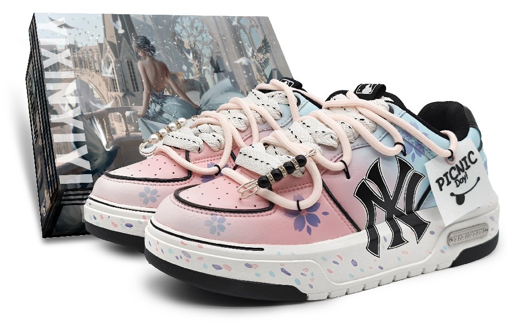 MLB Chunky Liner Abrasion Resistant Height Increasing Low Top Skateboard Shoes Unisex Blue Pink
