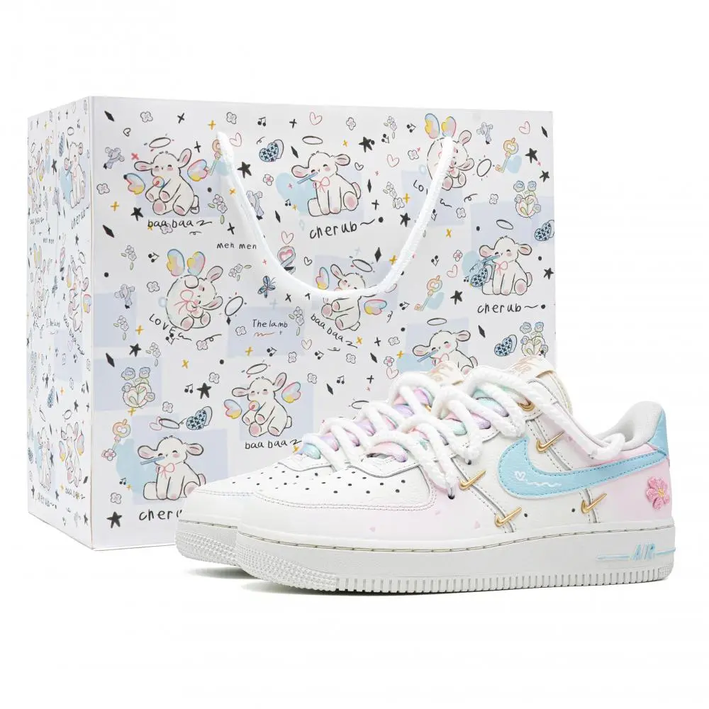 Nike Air Force 1 Cream Cherry Blossom Cushioning, Wear Resistant Low top Skateboard Shoes Unisex Light Pink