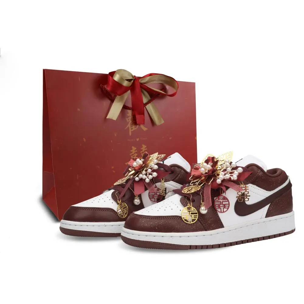 Jordan Air Jordan 1 Auspicious Dragon And Phoenix Cushioning Low top Vintage Basketball Shoes Unisex White Red