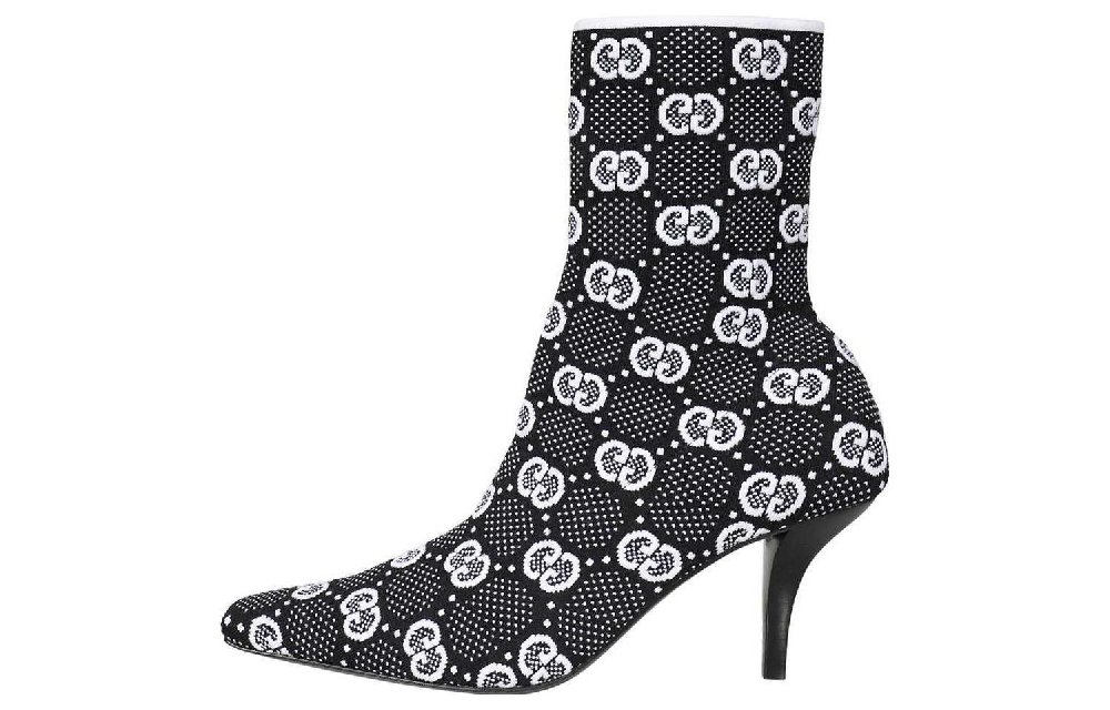 GUCCI Gg 75mm Knit Ankle Boots Black White Fabric Women's