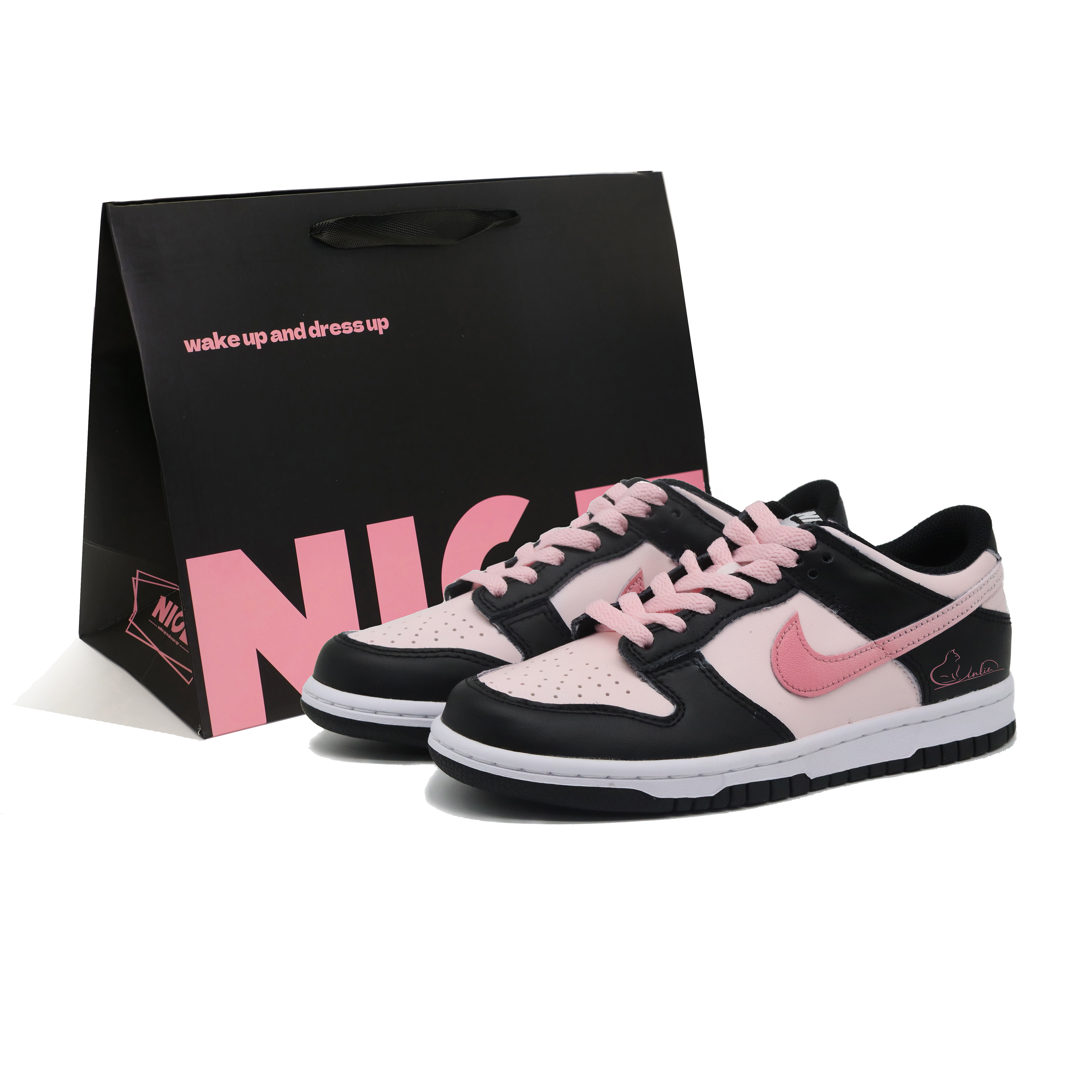 Nike Dunk Black And Pink Cat Abrasion Resistant Low top Skateboard Shoes Women's Gradient Pink