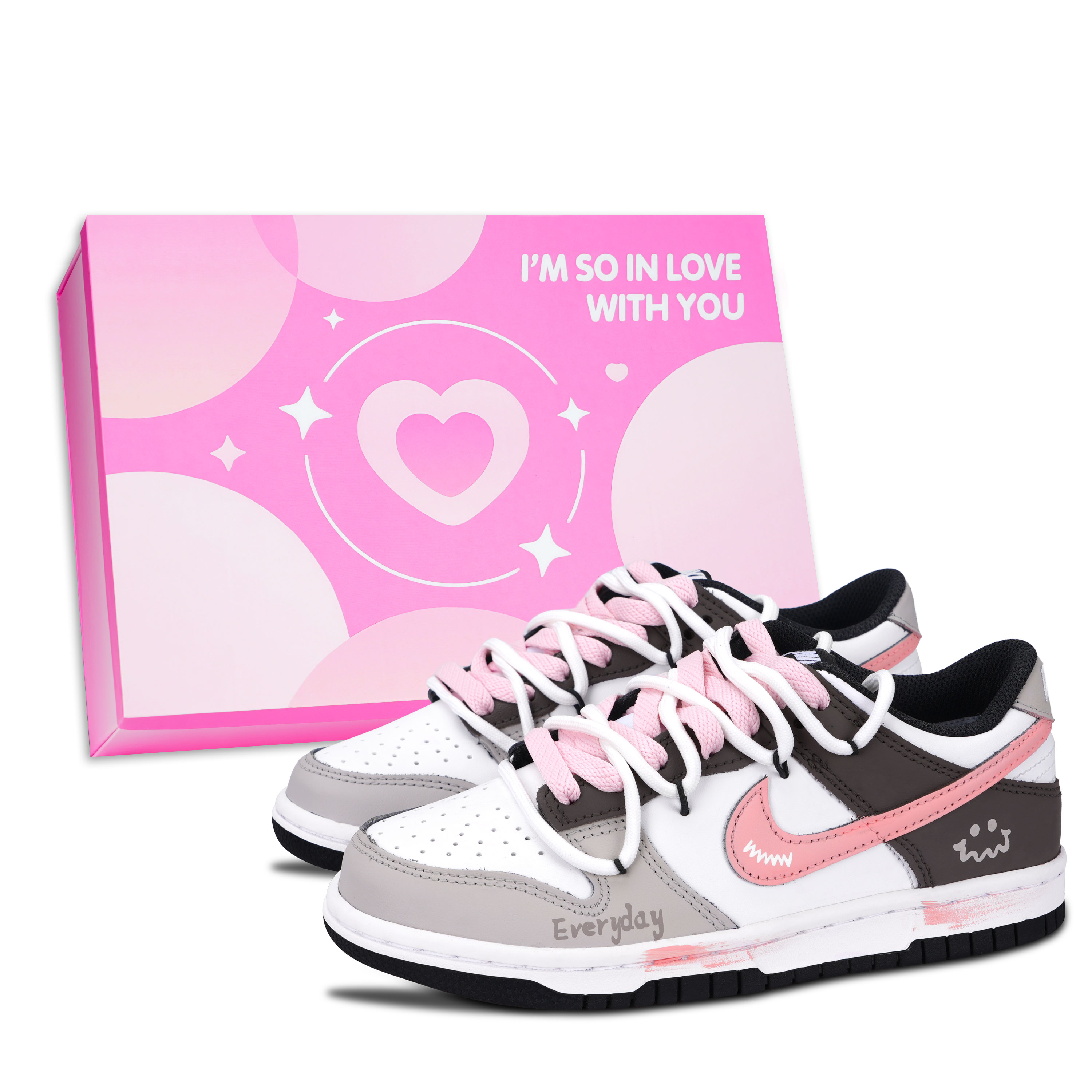 Nike Dunk Black White, Every Day Happy Pink Shoe Box Abrasion Resistant Low top Skateboard Shoes Unisex Pink