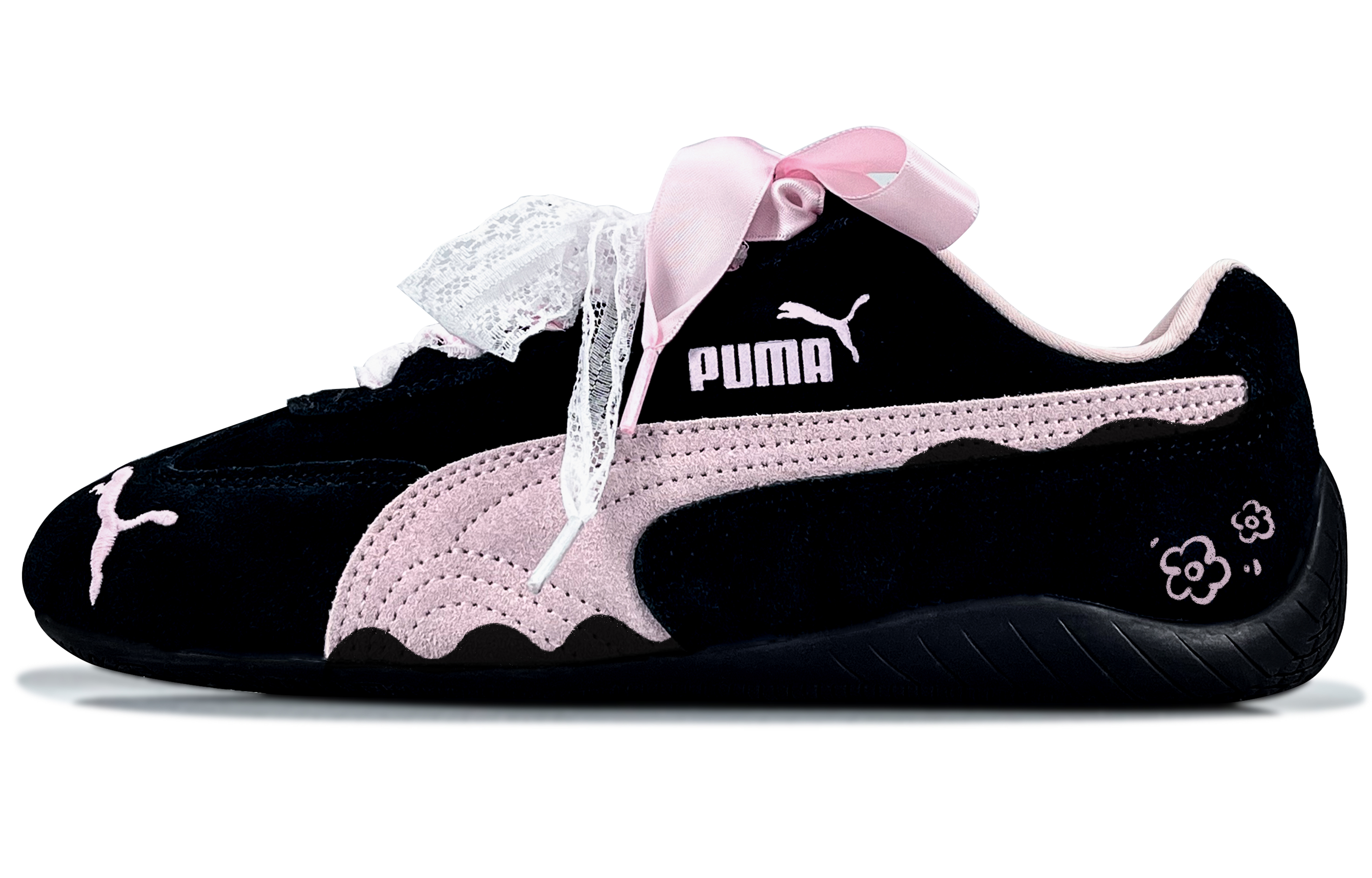 PUMA Speedcat Collection Silk Satin Floral Abrasion Resistant Low top Casual Shoes Unisex Black Pink