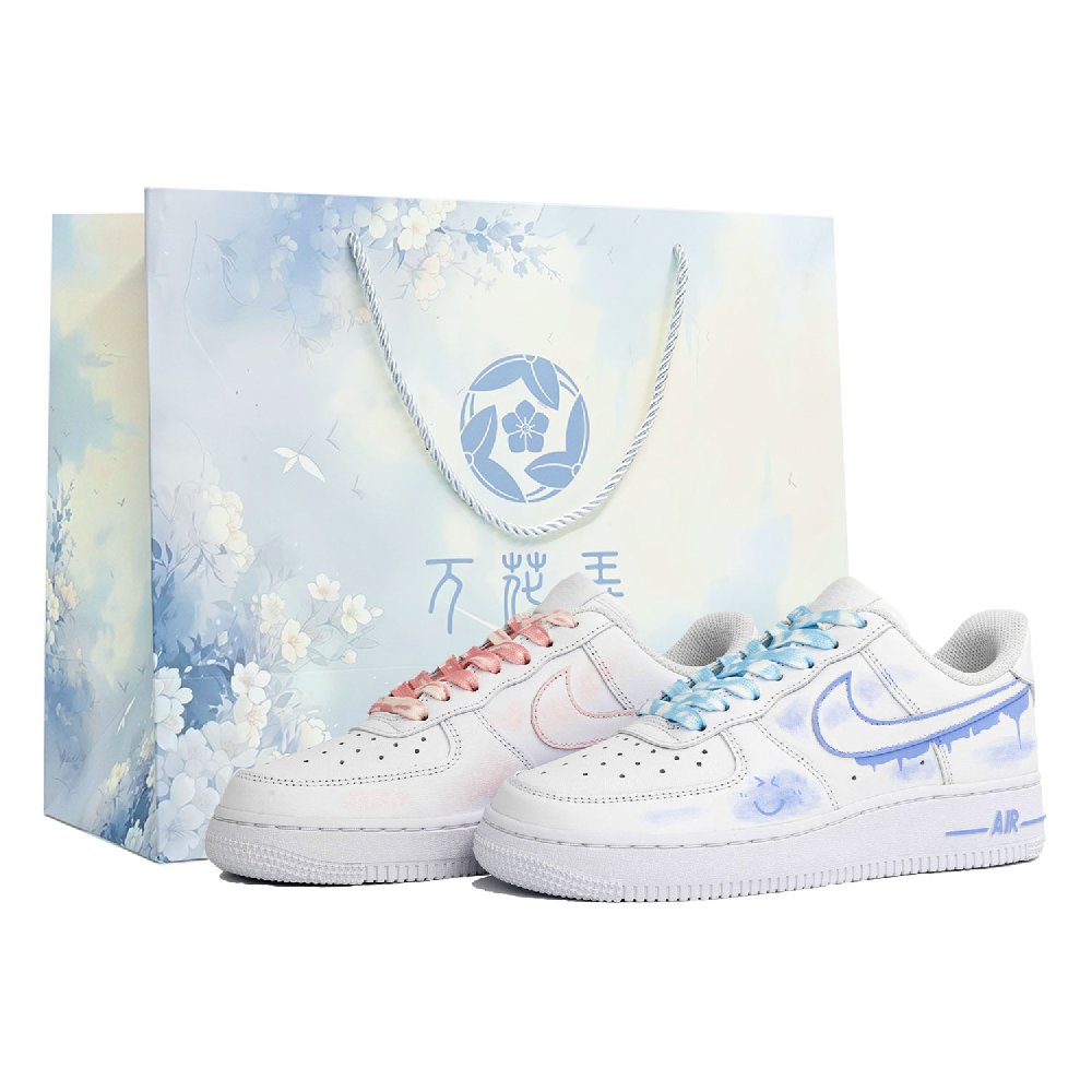 Nike Air Force 1 White Sky Blue Clouds Anti Slip Wear Resistant Low Top Skateboard Shoes Unisex Pink Blue