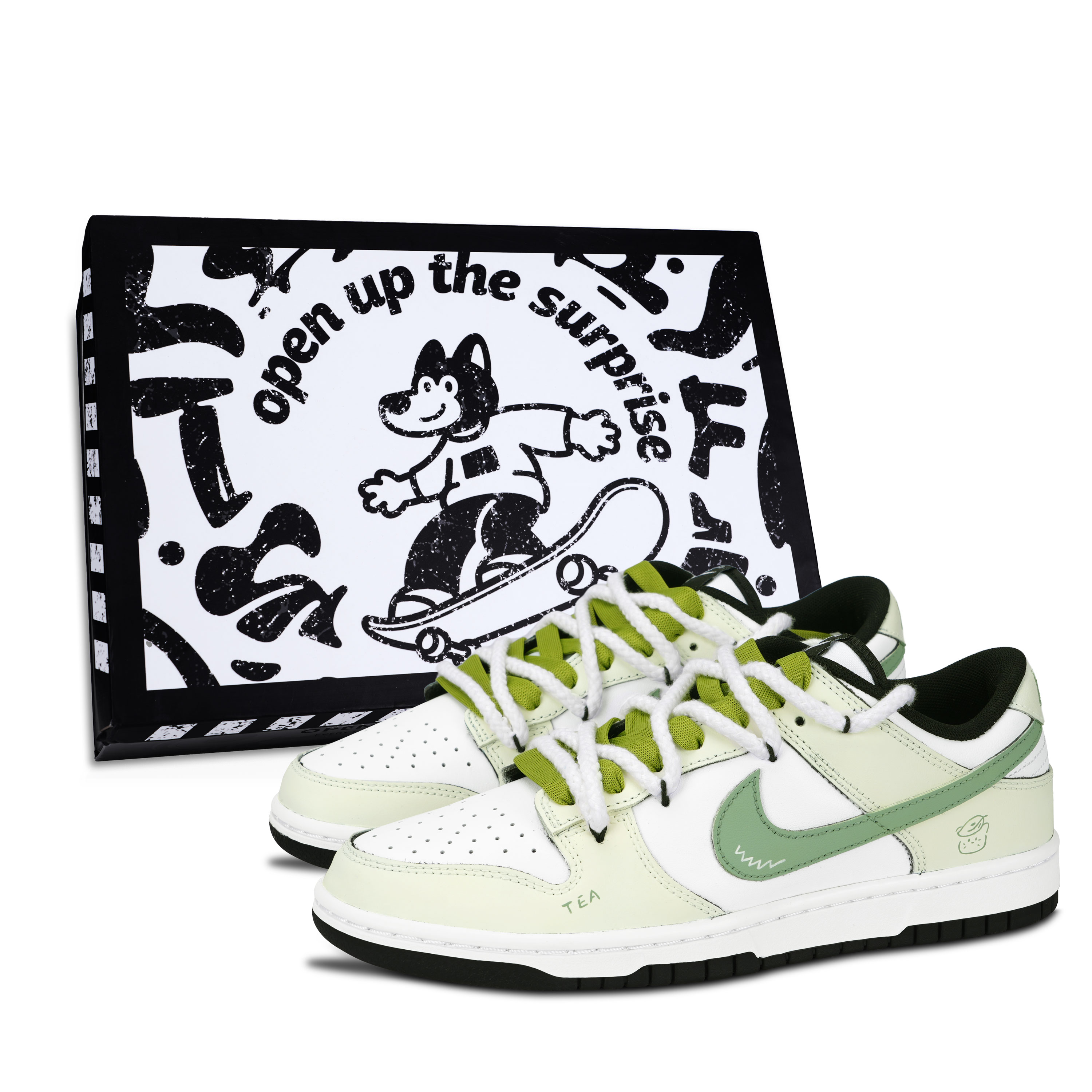 Nike Dunk Black White Tea Abrasion Resistant Low top Skateboard Shoes Unisex Yellow Green