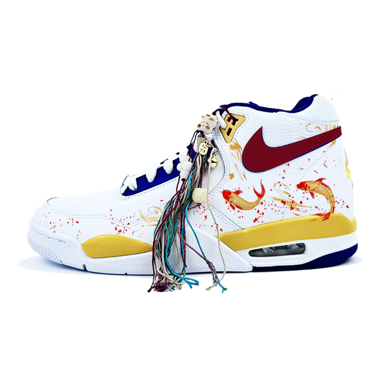 Nike Flight Legacy FuYuan Koi Fish Anti-Slip Wear-Resistant Mid-Top Vintage Basketball Shoes Men's White Blue Yellow