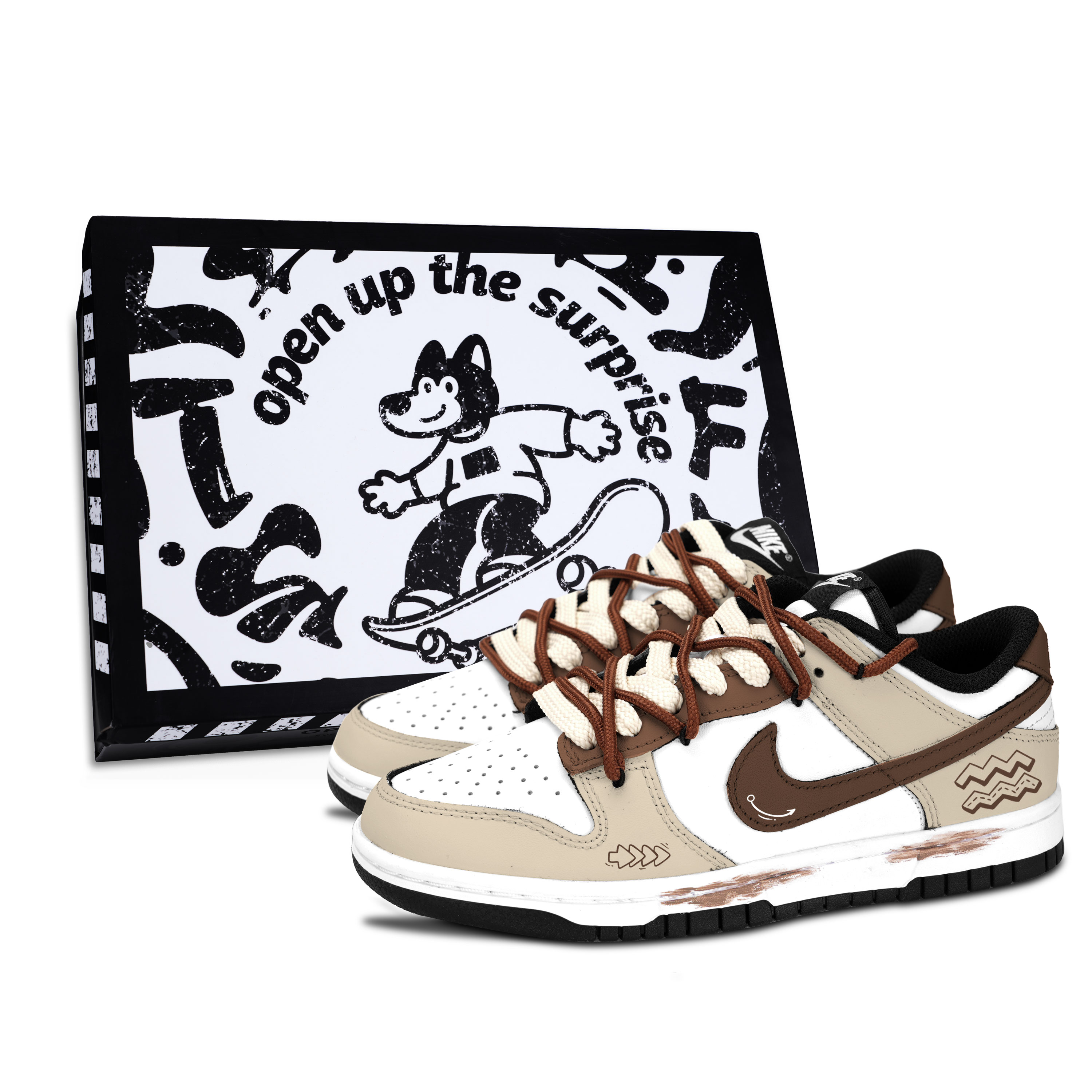 Nike Dunk Black White, Geometric Brown Fun Slip Resistant Abrasion Resistant Low top Skateboard Shoes Unisex