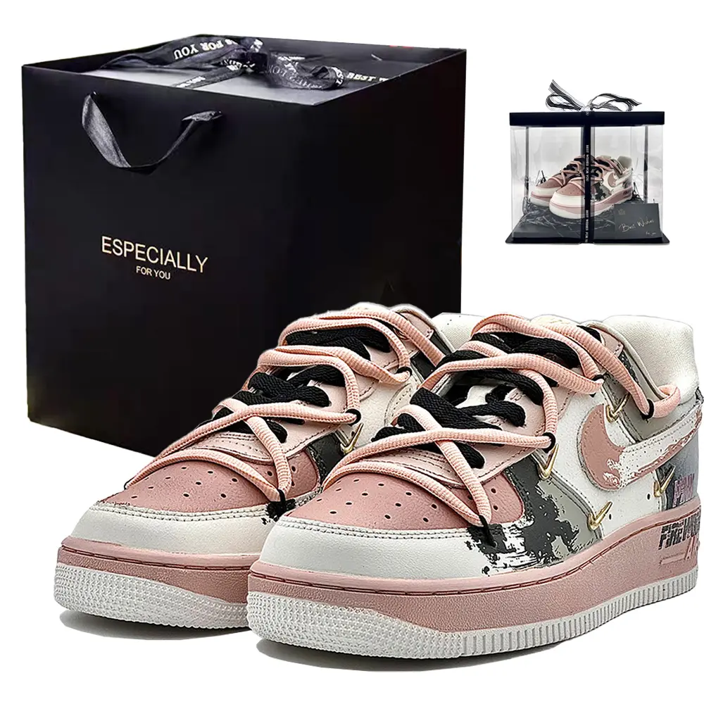 Nike Air Force 1 Mini Gold Pink Firework Box, Girlfriend Abrasion Resistant Low top Skateboard Shoes Women's Black Pink