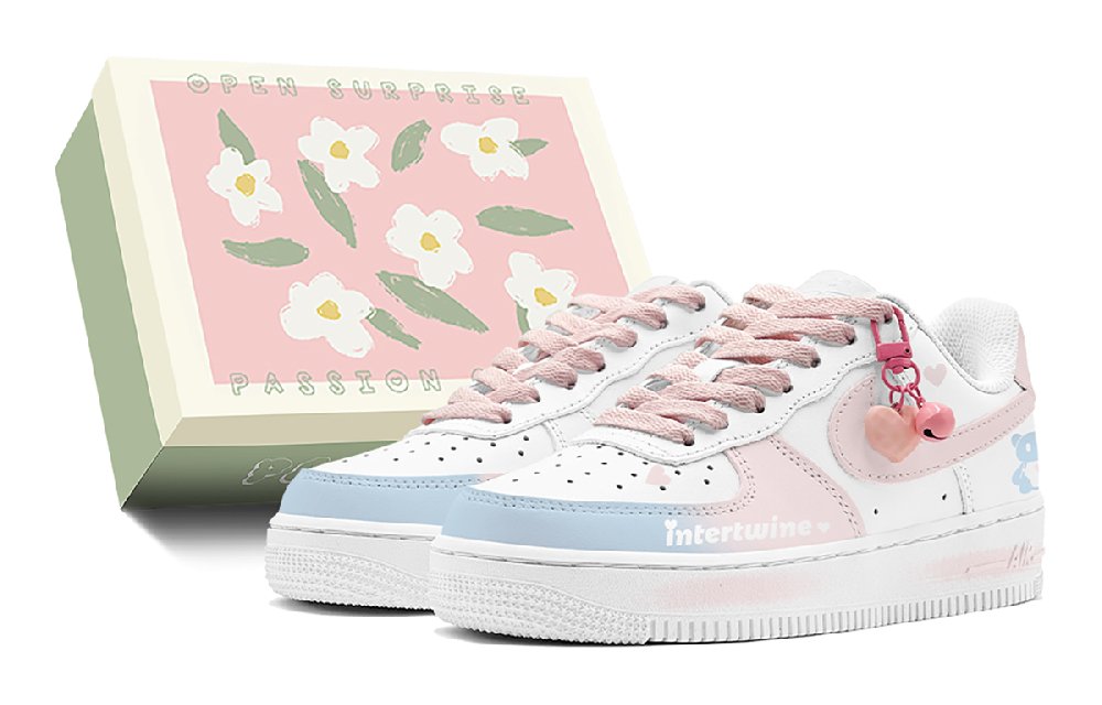 Nike Air Force 1 Air Force 1 Cotton Candy Bear Heart Bell Detachable Low-Top Skateboard Shoes Men's Blue Pink