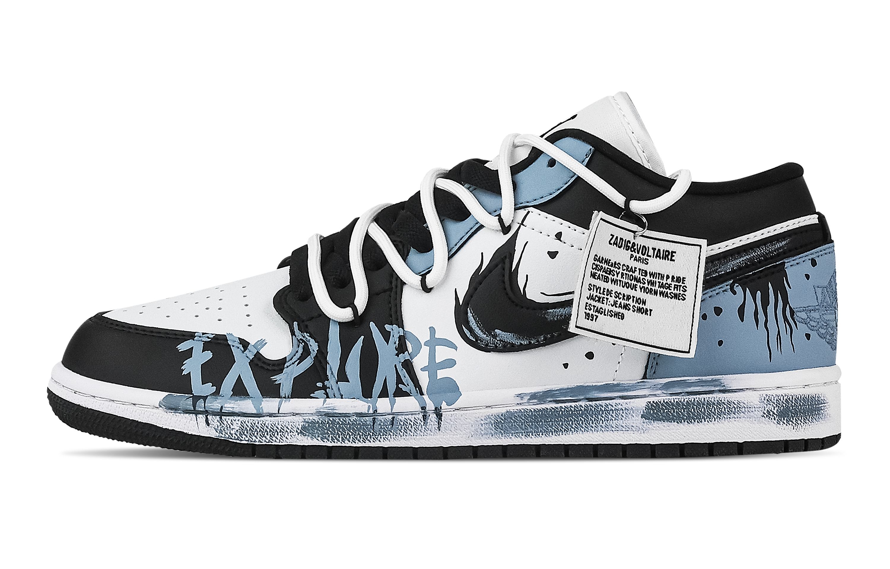 Jordan Air Jordan 1 Pen Drawn Black Flame, Heart Box Low top Vintage Basketball Shoes Unisex Black White Blue