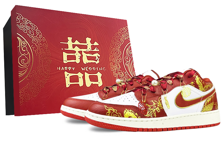 Jordan Air Jordan 1 Durable Breathable Lightweight Low-Top Vintage Basketball Shoes GS White Red