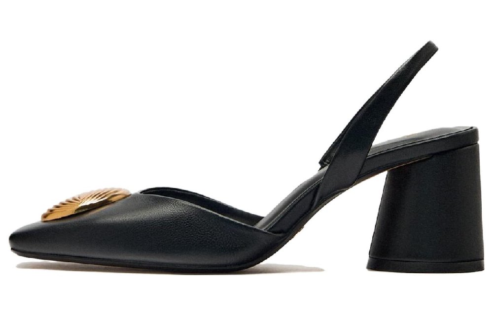 ZARA Chunky Heel High Heels 6cm Women's Black Gold