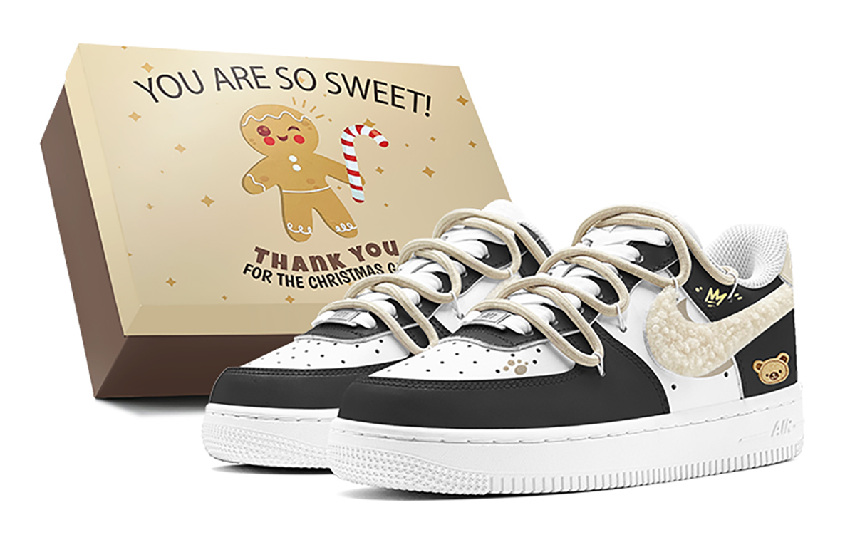 Nike Air Force 1 Double Festival Greetings, Crown Bear Low top Skateboard Shoes Men's Black White