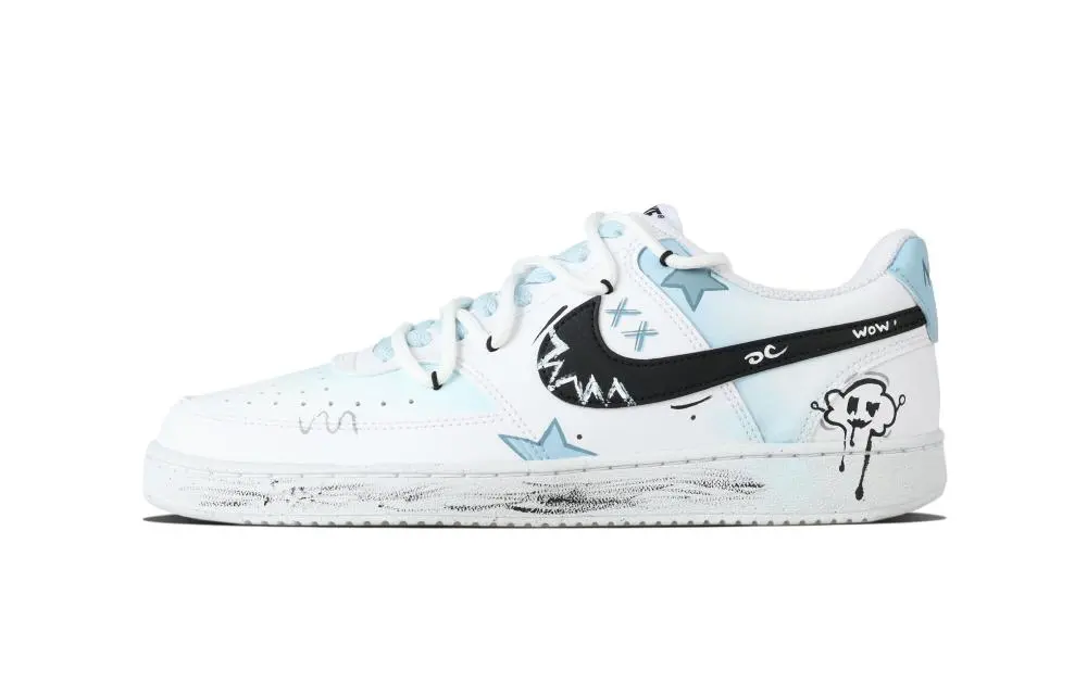 Nike Court Vision 1 Starry Blue Graffiti Abrasion Resistant Low top Skateboard Shoes Unisex White Blue