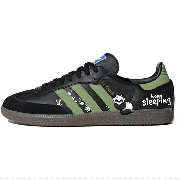 Adidas Originals SAMBA OG Green Bamboo Leaves Cute Panda Slip-Resistant Low-Top Skateboard Shoes Unisex Black White
