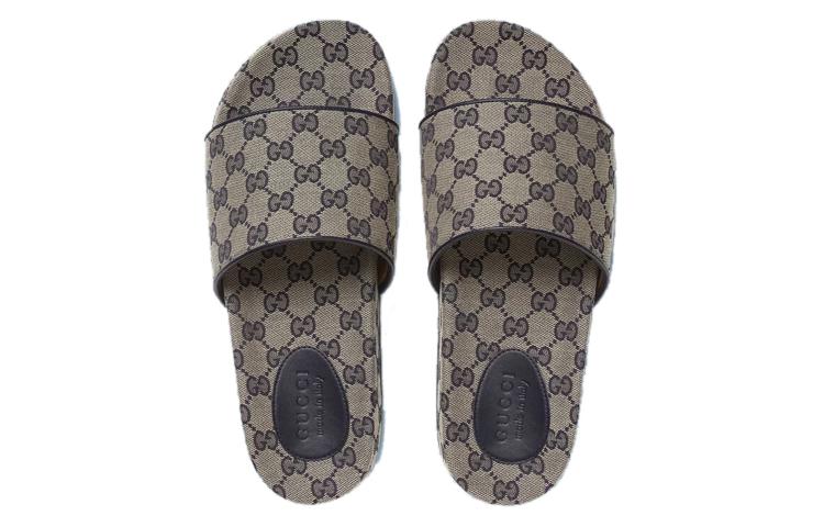 GUCCI Gg Slide Sandal Beige Blue Monogram