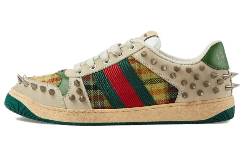 GUCCI Screener Gg Leather Sneaker Beige Metallic Silver Green