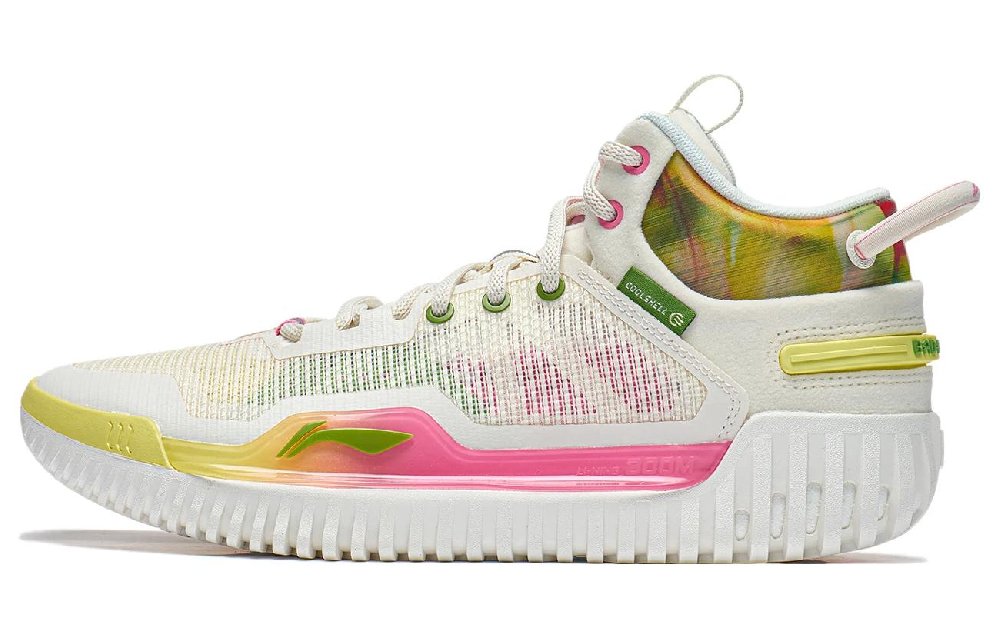 LiNing Badfive 3 Slip-Resistant Cushioning Abrasion-Resistant Mid-Top Basketball Shoes Men's White Yellow Pink