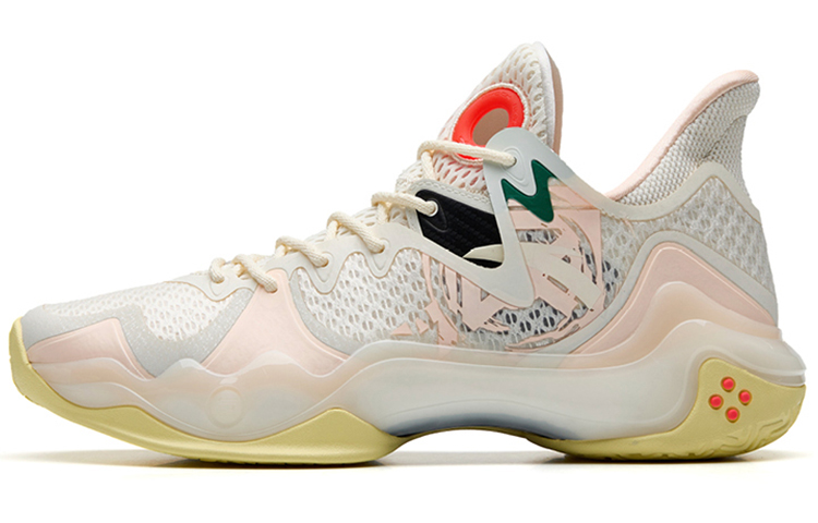 ANTA Shock Wave 4 Basketball Shoes Men's Low top Light Beige White/Fluorescent Highlighter Pink