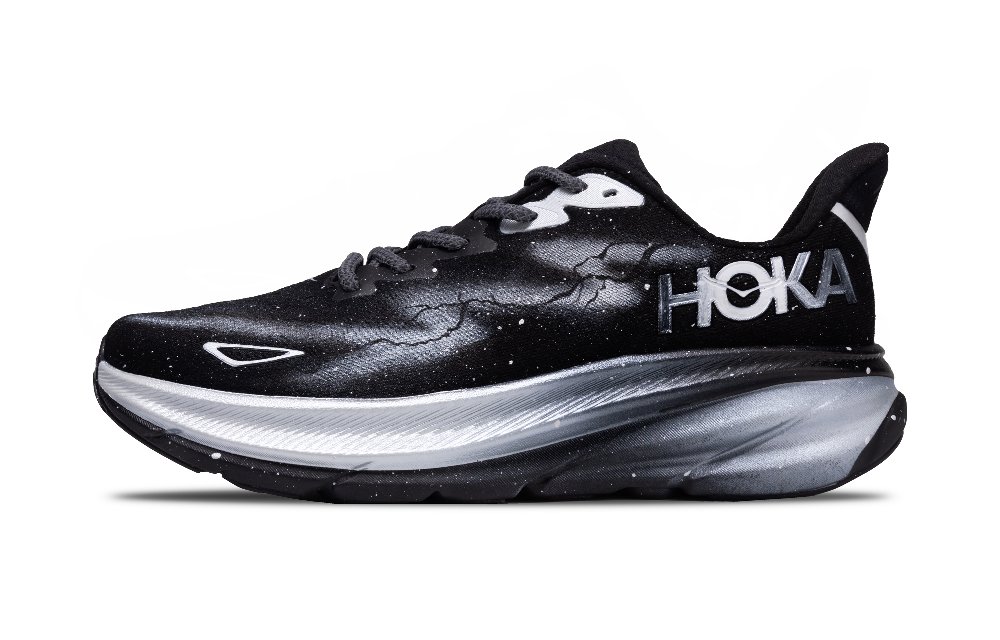 HOKA ONE ONE Clifton 9 Abrasion Resistant Low Top Running Shoes Men's Black Silver