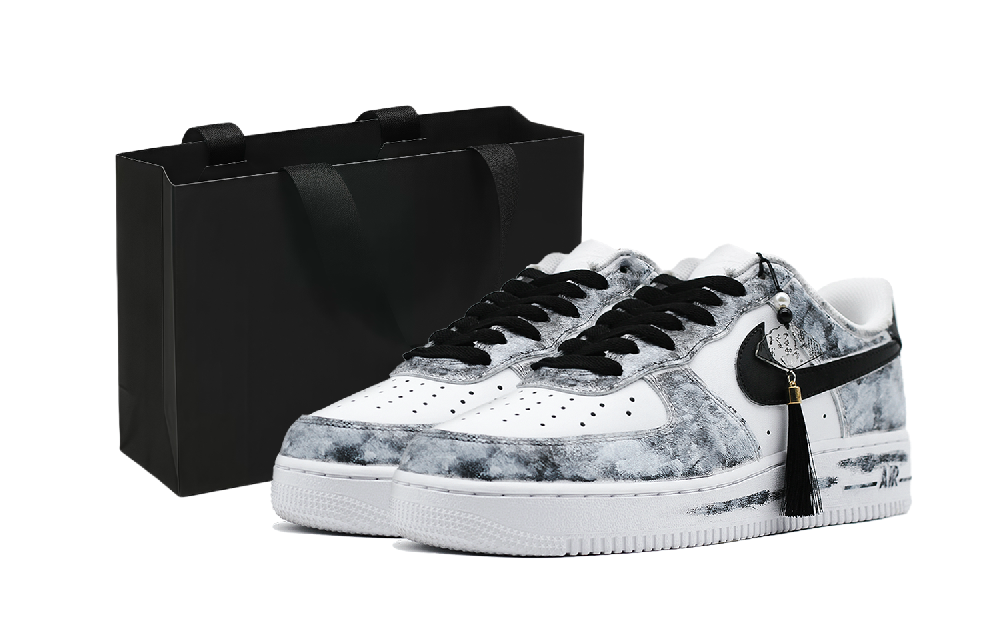 Nike Air Force 1 Smoke Wave Ink Abrasion Resistant Low Top Skateboard Shoes Unisex Black White