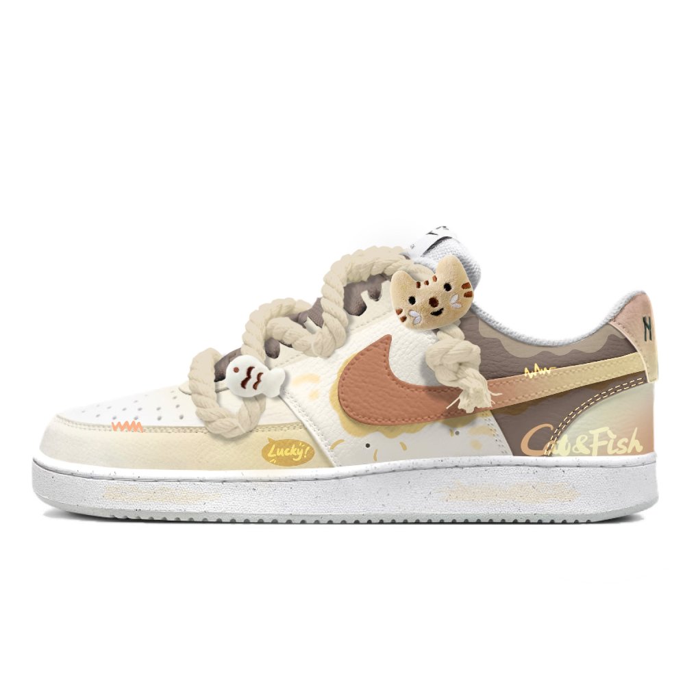 Nike Court Vision 1 Free Panda Butter Cat Slip-Resistant Low-Top Skateboard Shoes Men's White Yellow