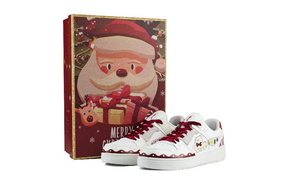 LiNing Tianji Christmas Bear Hand-Drawn Graffiti Silk Shoelace Low-Top Skateboard Shoes Women's White Red