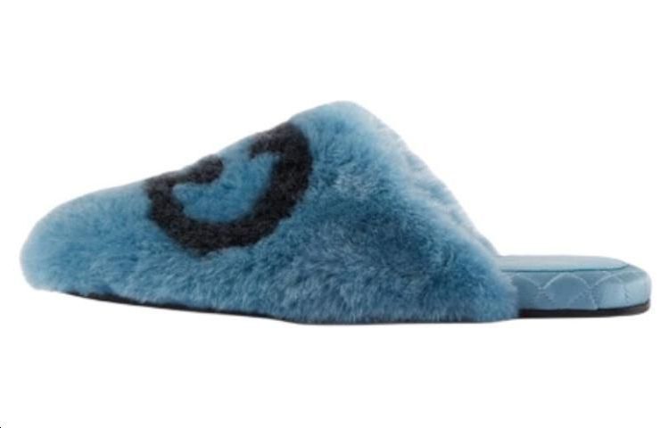 GUCCI Interlocking G Faux Fur Slippers Blue Black Women's