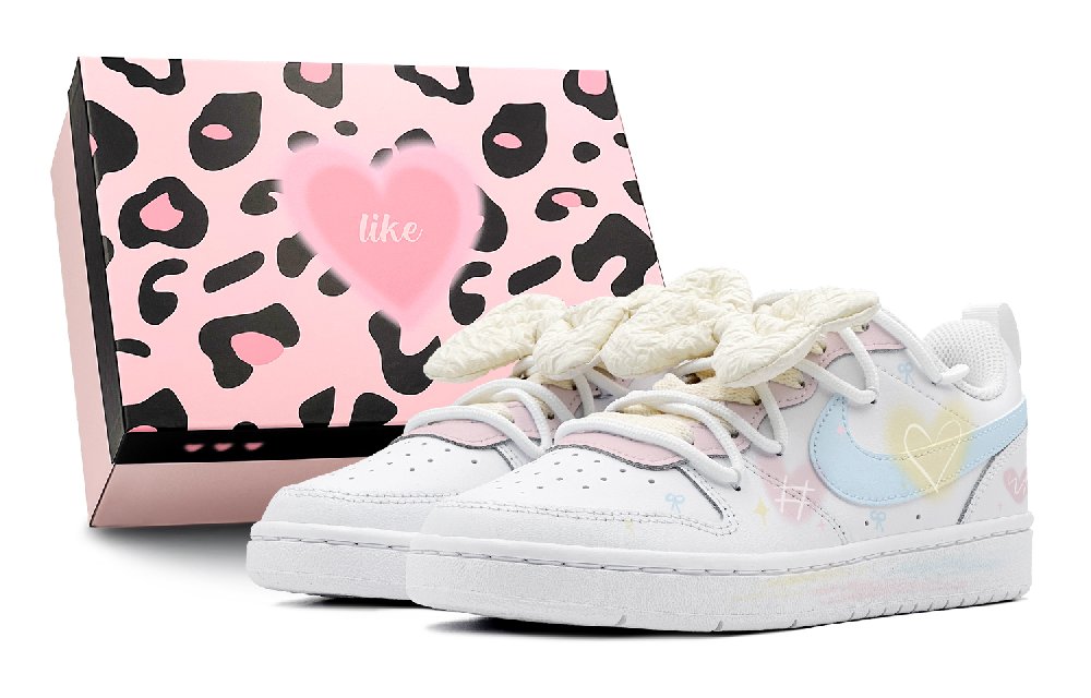 Nike Court Borough Summer Travel, Dreamy Heart Anti Slip Wear Resistant Low Top Skateboard Shoes GS Pink White