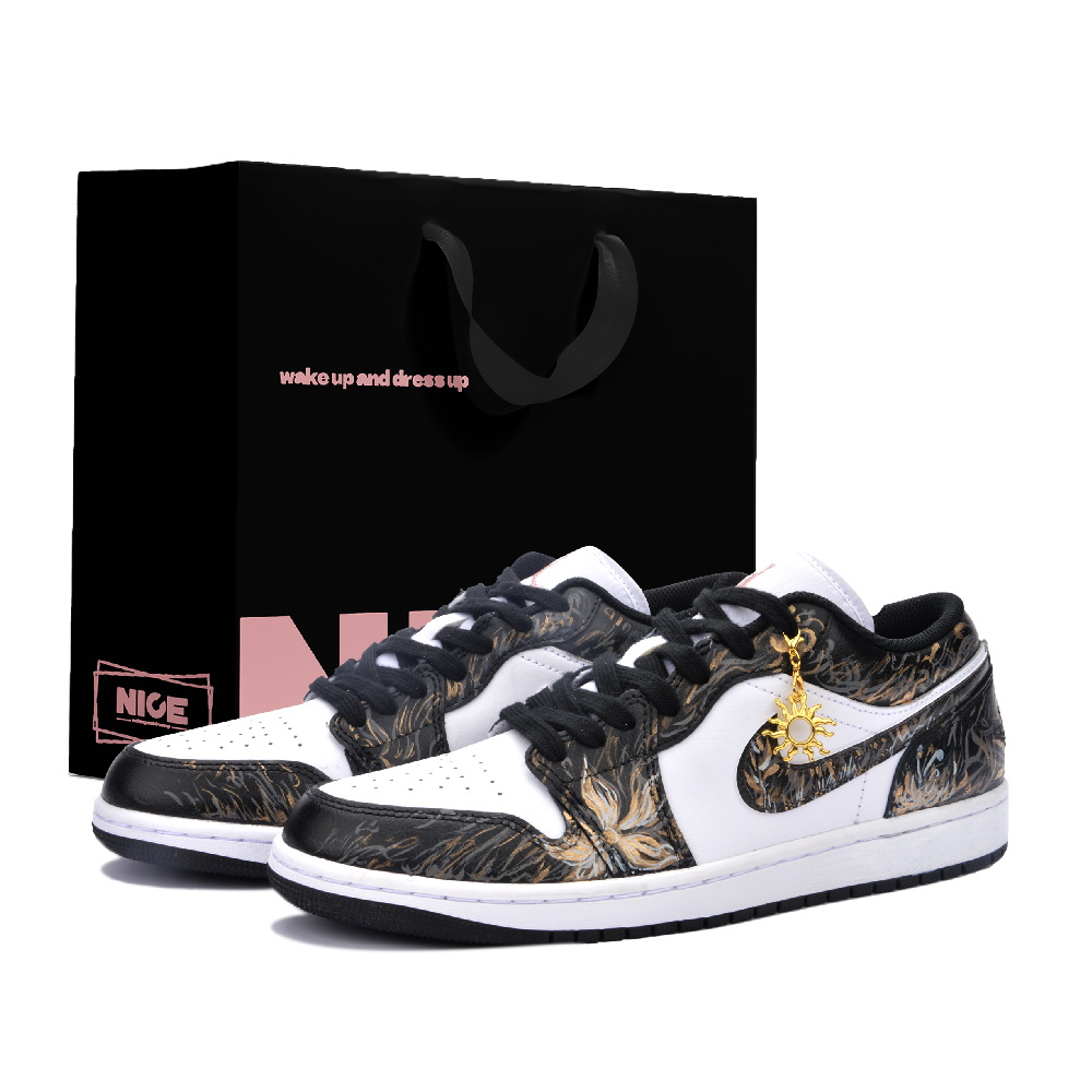 Jordan Air Jordan 1 Cushioning, Wear Resistant Low Top Vintage Basketball Shoes Unisex Black Gold