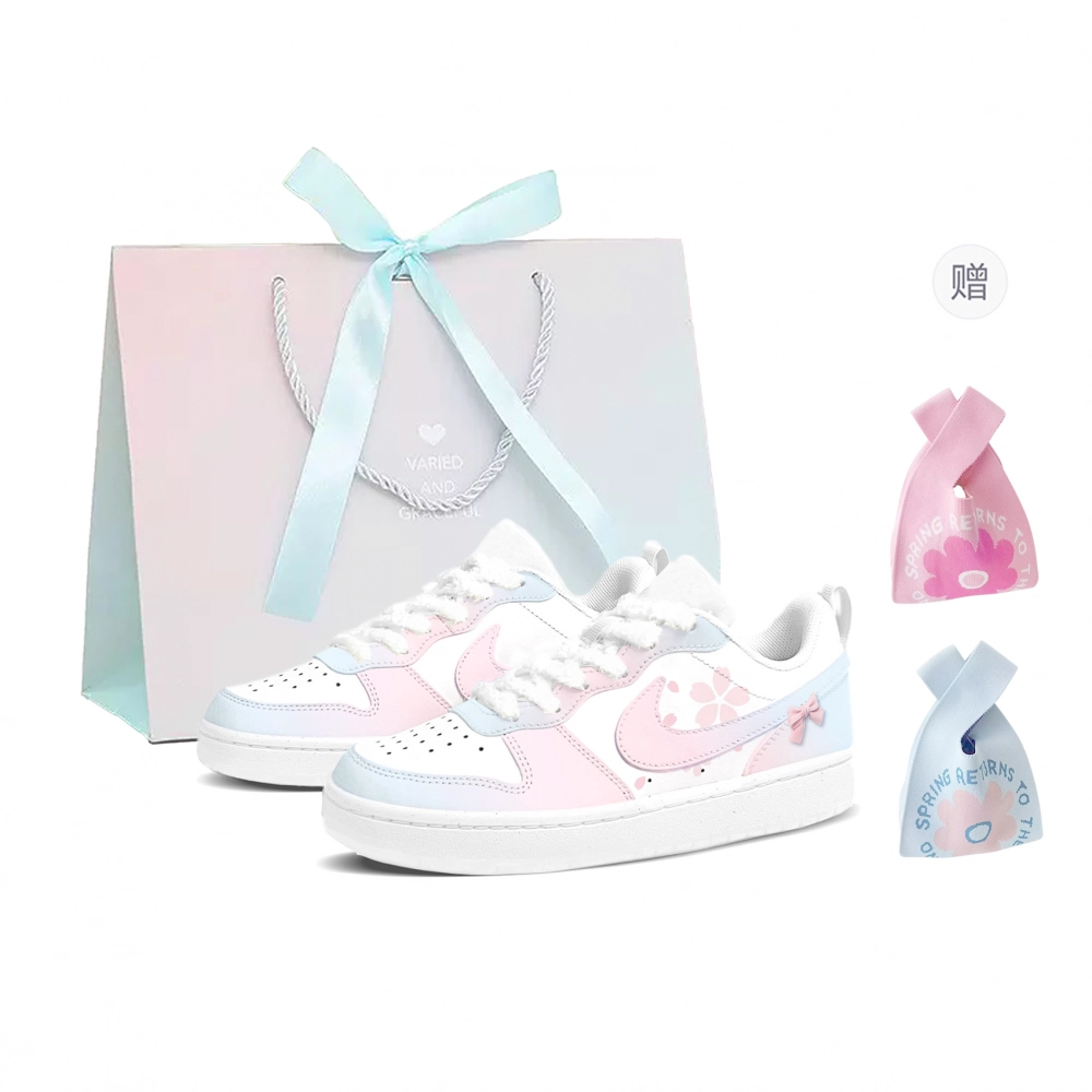 Nike Court Borough Low Cherry Blossom First Love Cushioning, Wear Resistant Low top Skateboard Shoes Women's Pink Blue