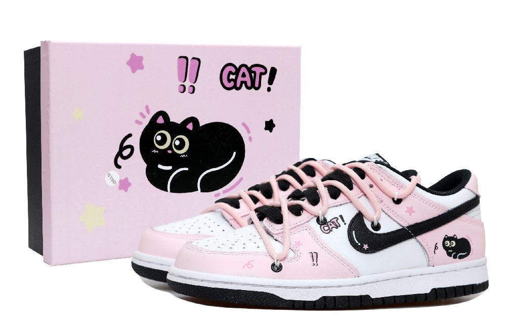 Nike Dunk Black Cat Slip Resistant Low Top Skateboard Shoes GS Pink White Black