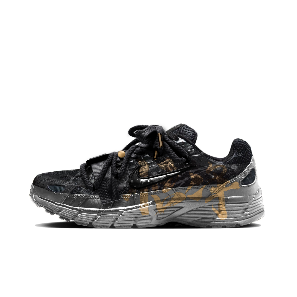 Nike P 6000 Slip Resistant Low Top Running Shoes Unisex Black Gold