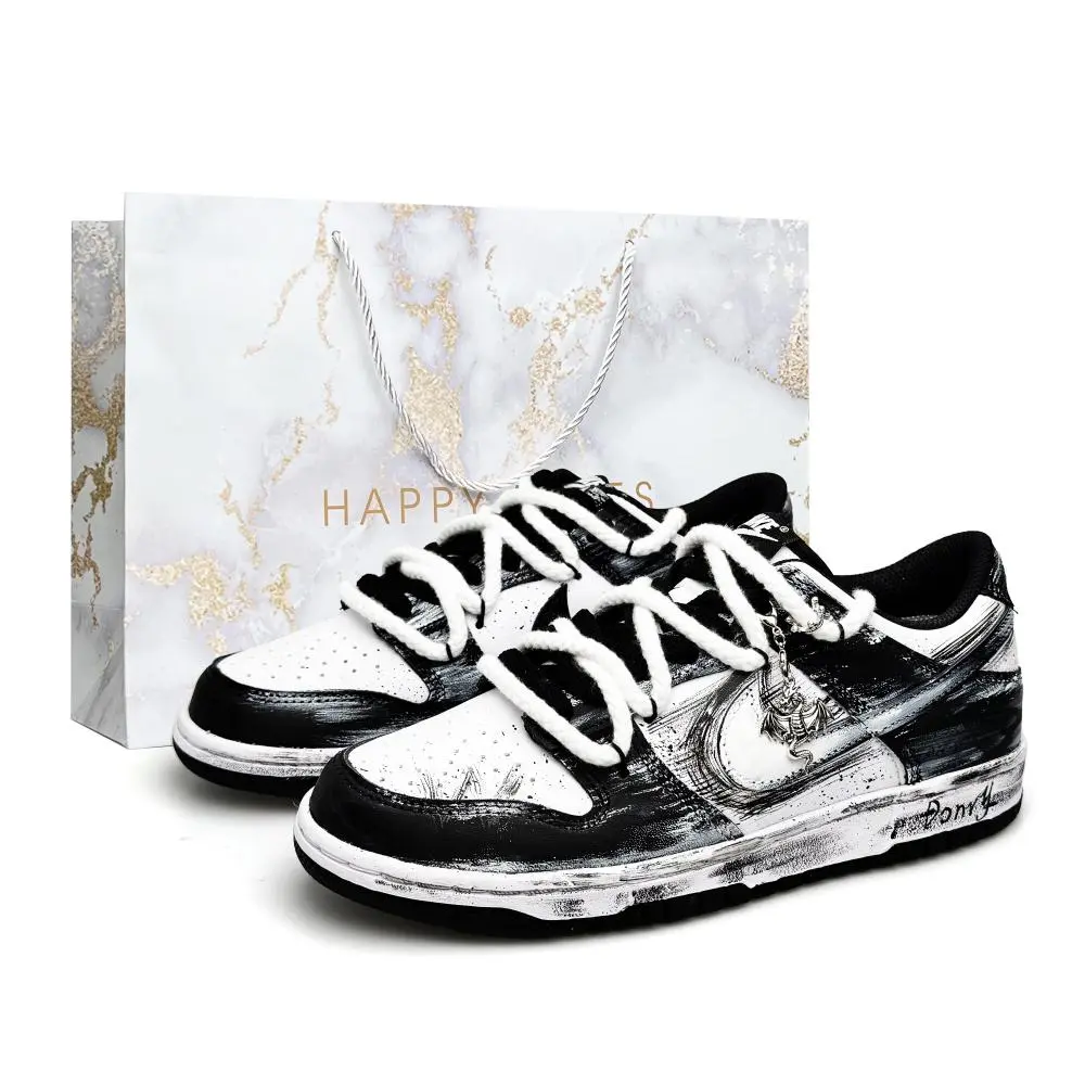 Nike Dunk Dragon, Special Shopping Bag Abrasion Resistant Breathable Low top Skateboard Shoes Unisex Black White Gray