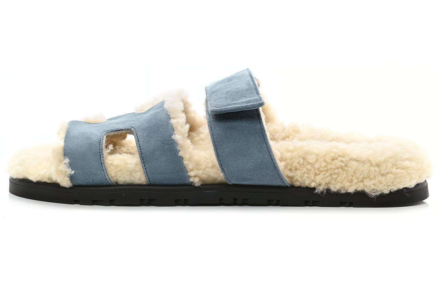 HERMES Chypre Quiet Slide Slippers Women's Denim Blue