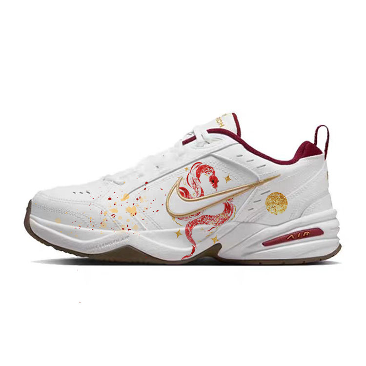 Nike Air Monarch 4 Anti-Slip Wear-Resistant Low-Top Chunky Sneakers Unisex White Red