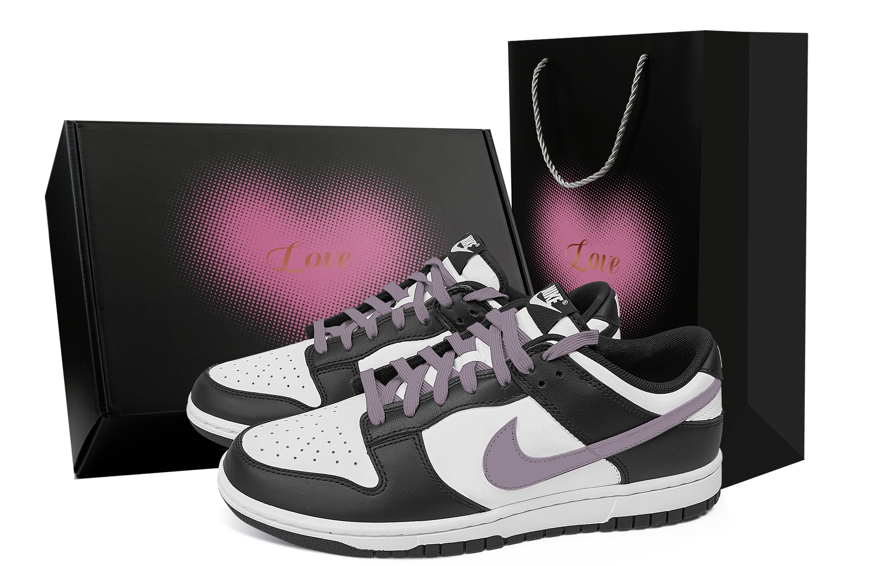 Nike Dunk Taro Romantic Heart Box Abrasion Resistant Low top Skateboard Shoes Unisex Black White Purple