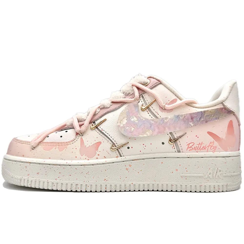 Nike Air Force 1 Mini Gold Oil Paintings Butterfly Abrasion Resistant Low top Skateboard Shoes Women's Pink White