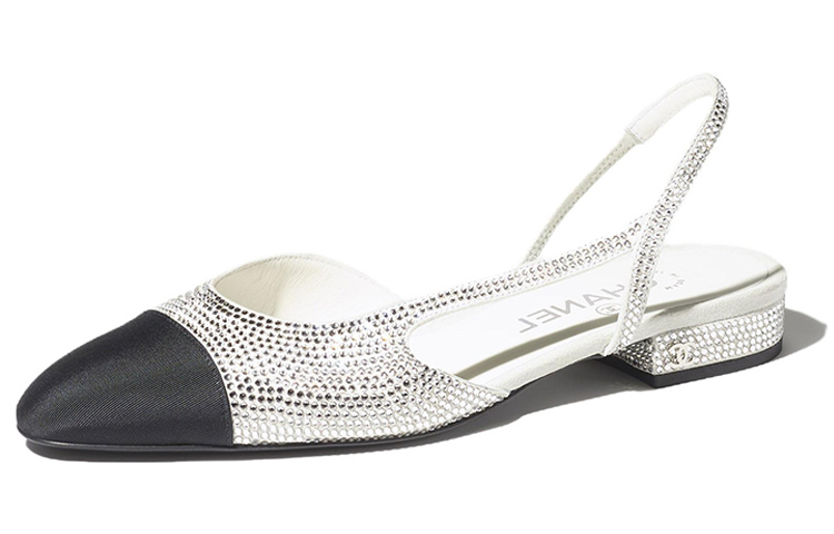 CHANEL Strass 20mm Slingbacks Silver Black Grosgrain Women's