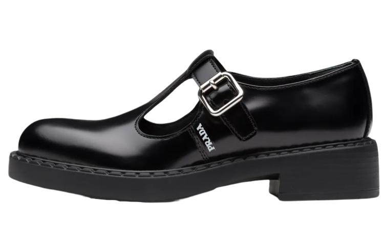 PRADA Mary Jane 50mm T Strap Shoe Black Brushed Leather Women's