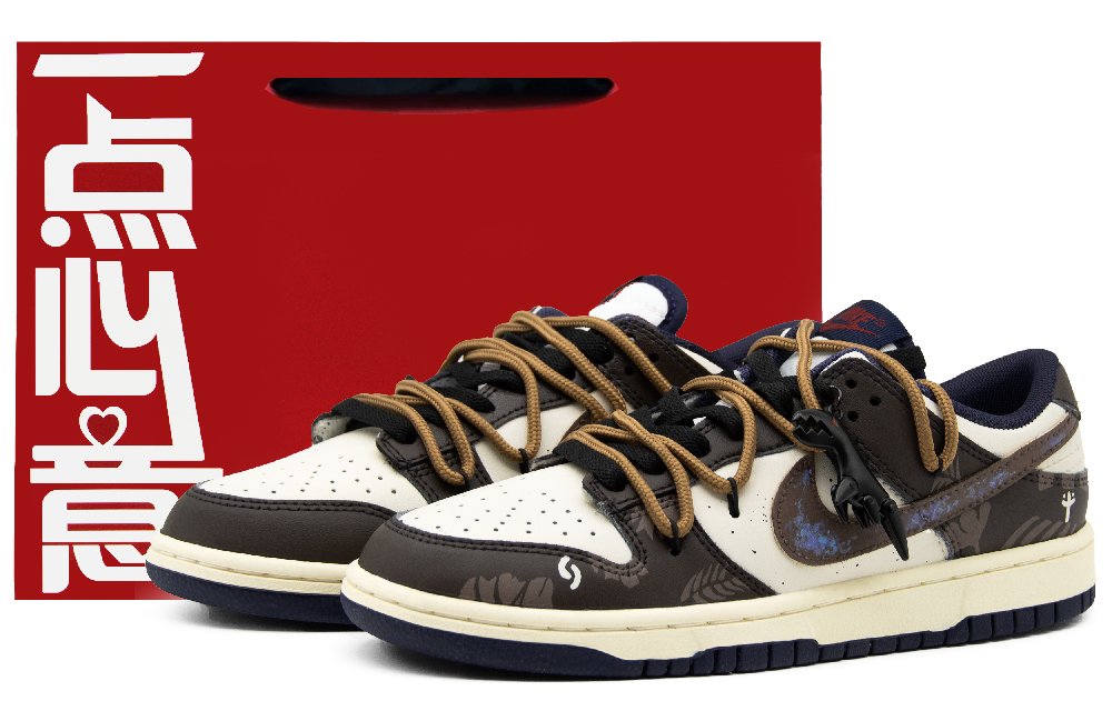 Nike Dunk Low Jurassic, Heartfelt Shopping Bag Anti Slip Wear Resistant Low Top Skateboard Shoes Men's Brown White