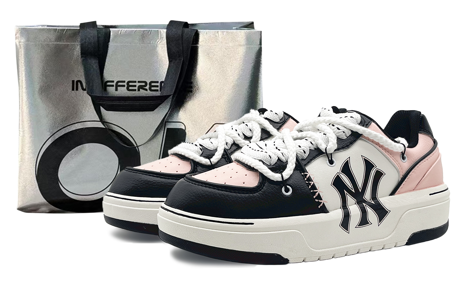 MLB Chunky Liner Wear-Resistant Height Increasing Low-Top Skateboard Shoes Unisex Black Pink