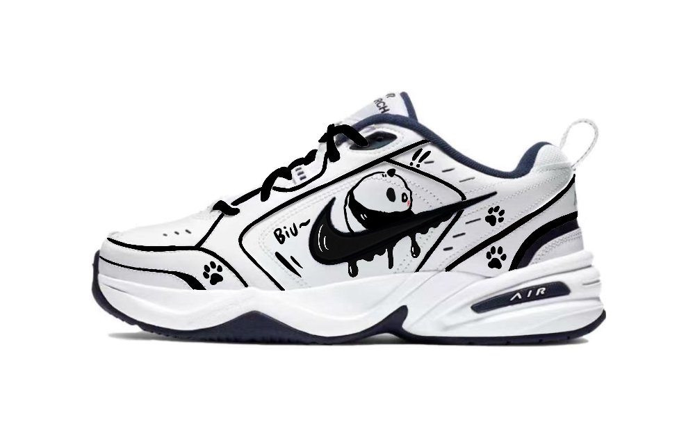 Nike Air Monarch 4 Graffiti Panda Abrasion Resistant Low Top Chunky Sneakers Unisex Black White