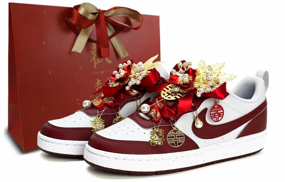 Nike Court Borough GS Wedding Shoes, Chinese Style Abrasion Resistant Low top Skateboard Shoes Women's Red White
