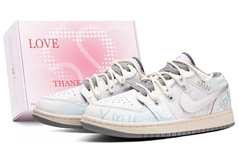 Jordan Air Jordan 1 Sea Salt Love Day, Box Anti Slip Wear Resistant Low Top Vintage Basketball Shoes Men's White Blue
