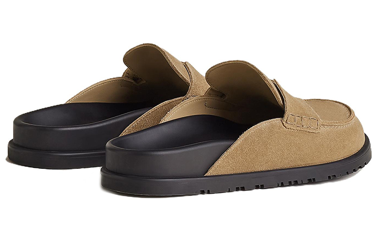 HERMES Go Mule Beige Argile Suede Calkskin Men's