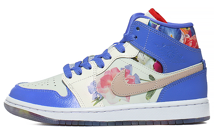 Jordan Air Jordan 1 Mid Cushioning Anti-Slip And Wear-Resistant Mid-Top Vintage Basketball Shoes Women's White Blue