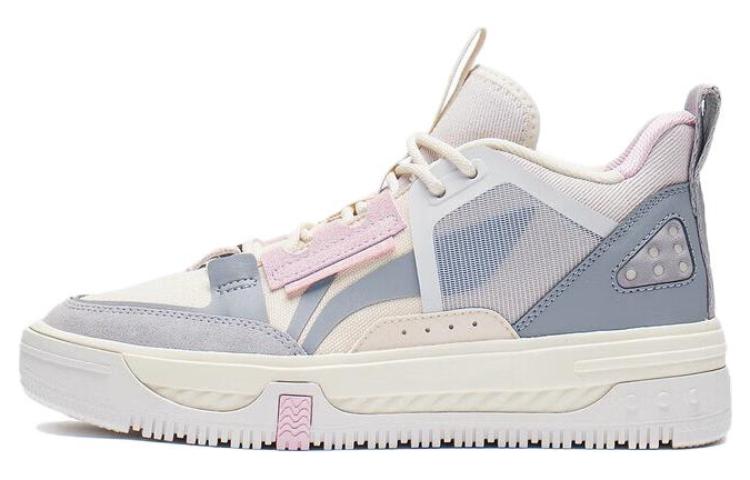 LiNing Anti-Slip And Wear-Resistant Height Increasing Mid-Top Skateboard Shoes Women's Gray Pink White