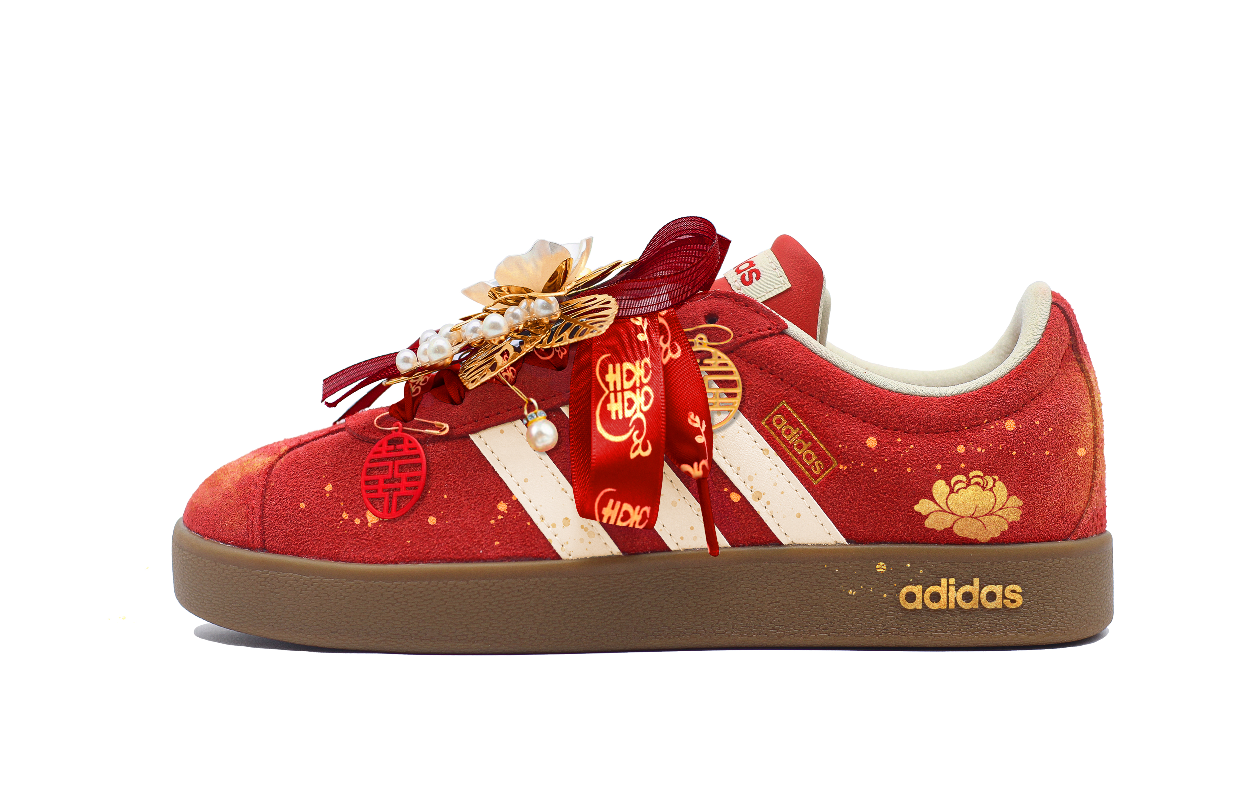 Adidas Vl Court Classic Wedding Shoes, Chinese Style, Gold Ink Splatter Low top Skateboard Shoes Unisex Festive Red