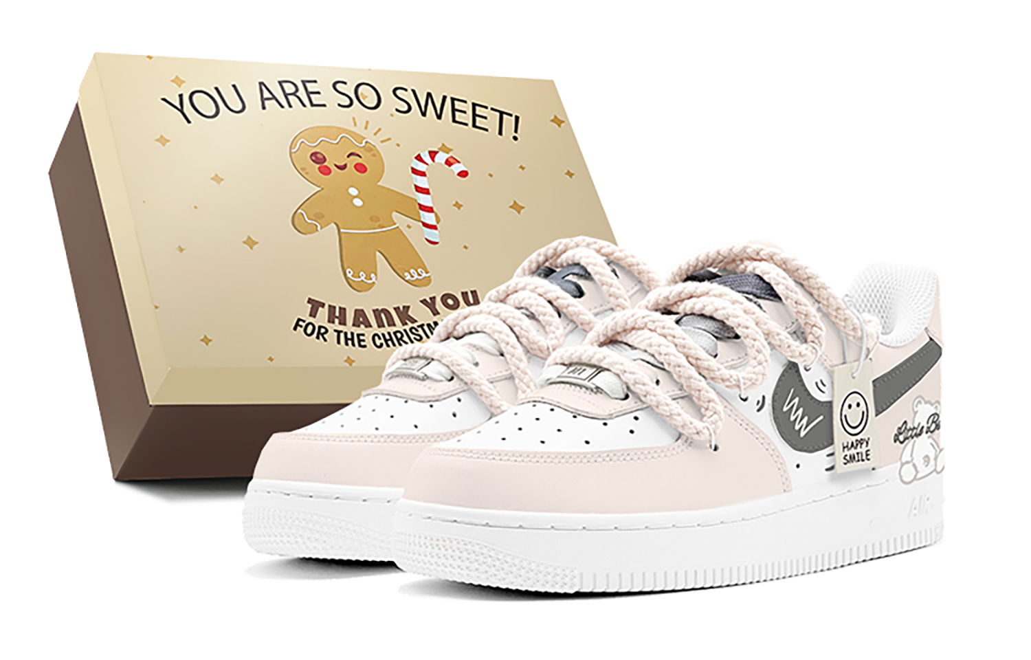 Nike Air Force 1 Double Festival Greetings, Royal Bear Low top Skateboard Shoes Women's Pink White